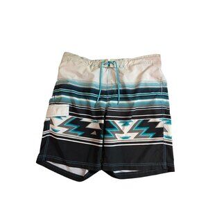 George Mens L Board Swim Trunks Aztec Print Blac Teal Pockets Y2K